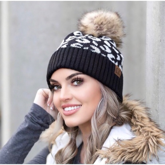1 LEFT! C.C. Knit Pom Beanie With Leopard Print Women’s Warm Winter Hat - Picture 3 of 5